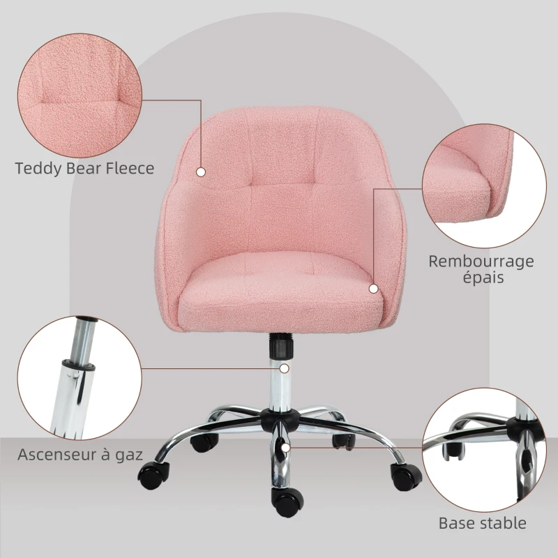 HOMCOM Chaise de bureau, fauteuil de bureau ergonomique, hauteur réglable, assise et dossier rembourrés, rose
