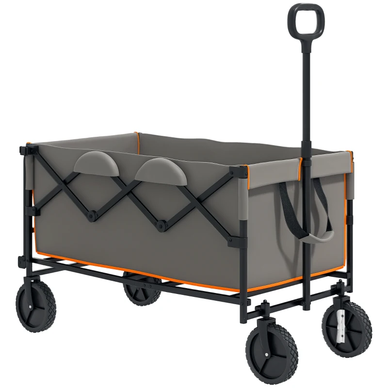Outsunny 160L Festival Trolley on Wheels, Folding Camping Trolley Cart w/ Tailgate, 100kg Heavy Duty Garden Collapsible Folding Wagon w/Adjustable Handle, Carry Bag for Beach Picnic, Grey and Orange