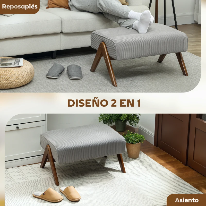 HOMCOM Reposapiés de Salón Taburete Bajo con Asiento Acolchado Patas de Madera para Sala de Estar Dormitorio 69x47x36 cm Gris