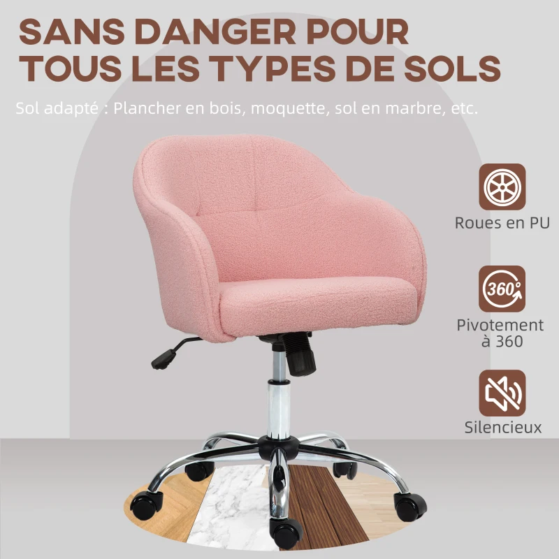 HOMCOM Chaise de bureau, fauteuil de bureau ergonomique, hauteur réglable, assise et dossier rembourrés, rose