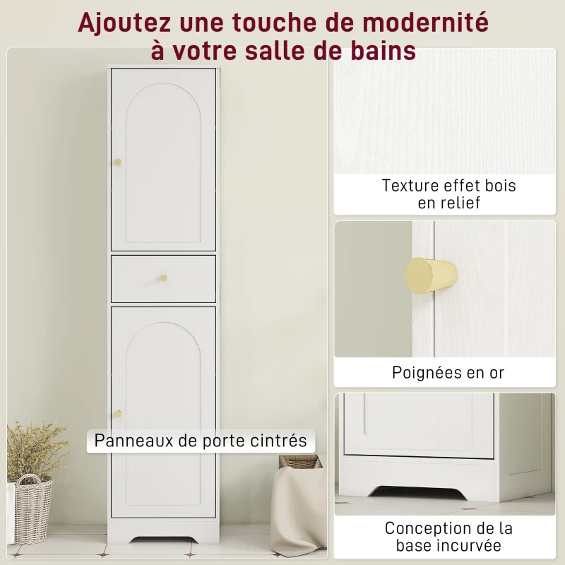 HOMCOM Armoire salle de bain haute meuble de rangement colonne avec placards tiroir et étagères réglables 40x29,5x170cm blanc