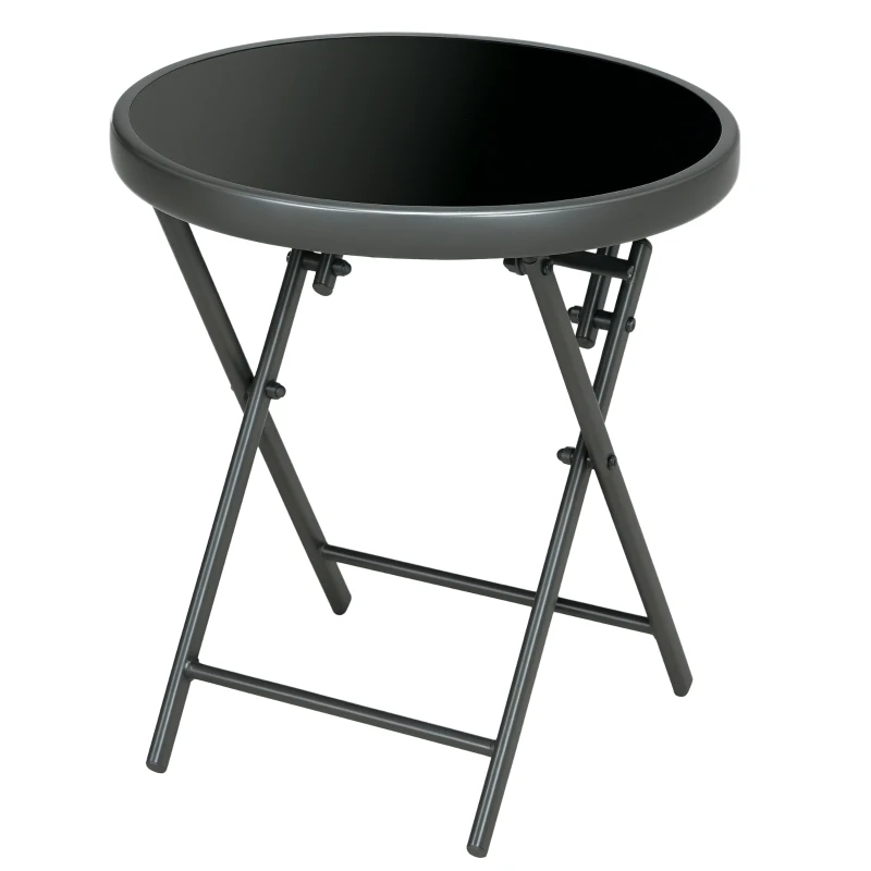Outsunny Φ45cm Garden Side Table, Outdoor Round Folding Patio Table with Imitation Marble Glass Top, Small Coffee Table, Black