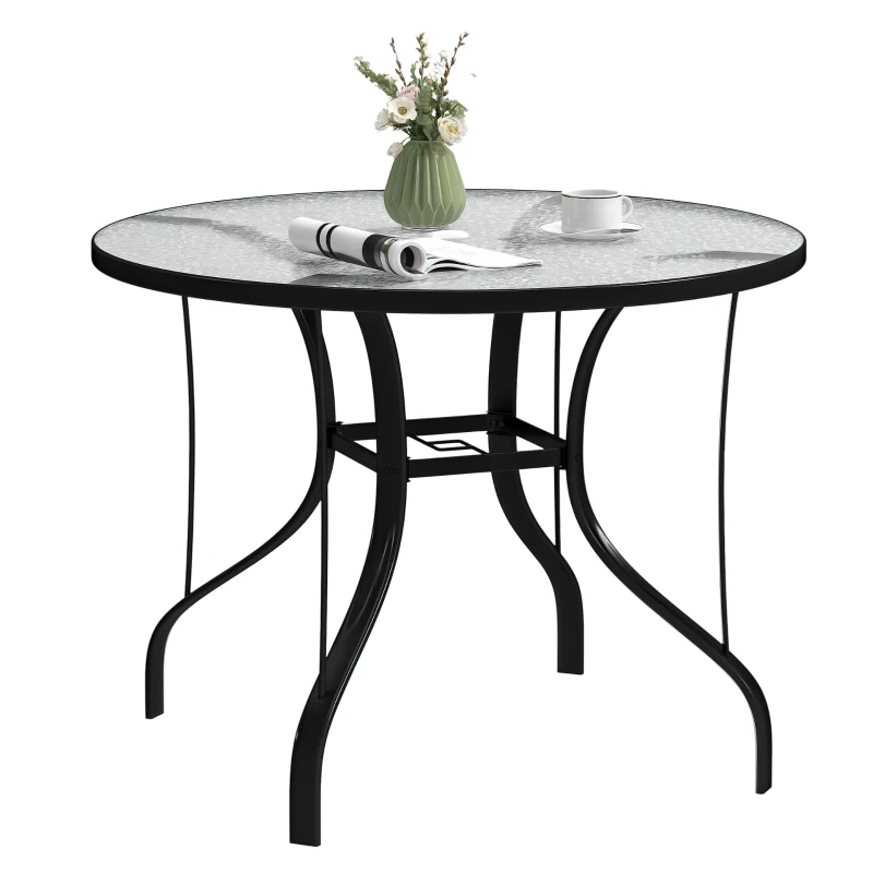 Outsunny Tavolino da Giardino Rotondo con Foro per Ombrellone, in Metallo e Vetro Temperato, Ø96.5x71 cm, Nero