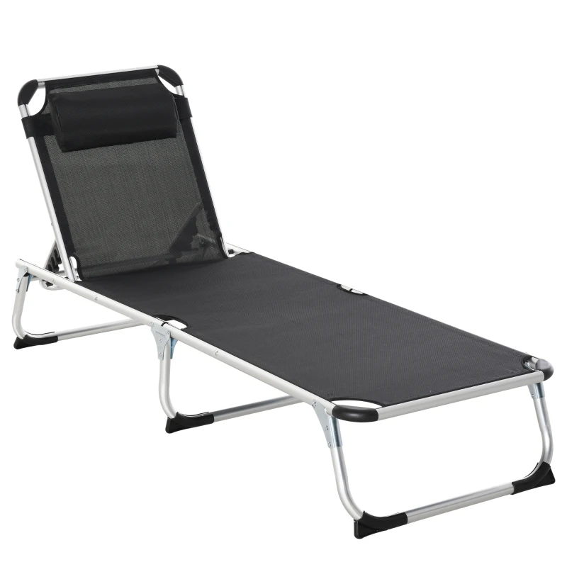 Outsunny Bain de soleil chaise longue pliante avec appuie-tête, transat inclinable en aluminium et textilène, transat jardin extérieur pour plage relax camping piscine terrasse, 165x60x76cm, noir