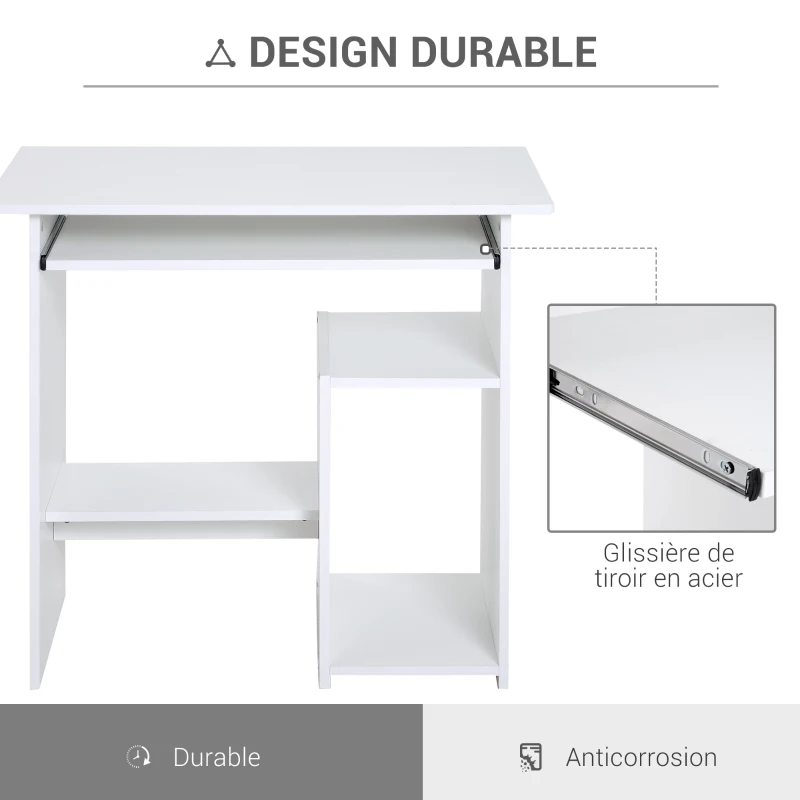 HOMCOM Bureau d'ordinateur, bureau avec rangement, plateau pour clavier et support de moniteur, 80 x 45 x 75 cm, blanc