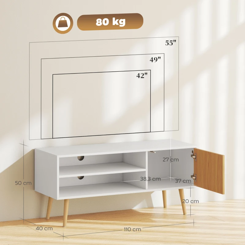 HOMCOM Mueble de TV con 2 Compartimentos Orificio para Cables para Televisión de 55 Pulgadas 110x40x50 cm Blanco y Natural