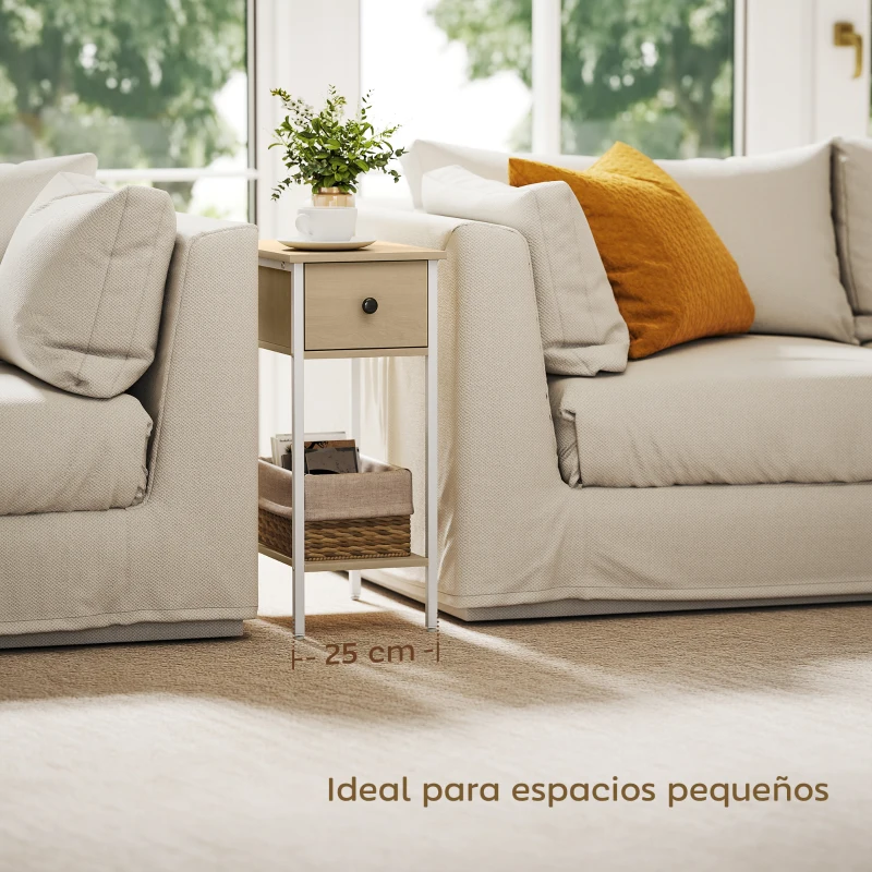 HOMCOM Mesa Auxiliar Estrecha con Cajón Estante Abierto y Estructura Metálica para Salón Dormitorio 25x39,8x58,2 cm Natural