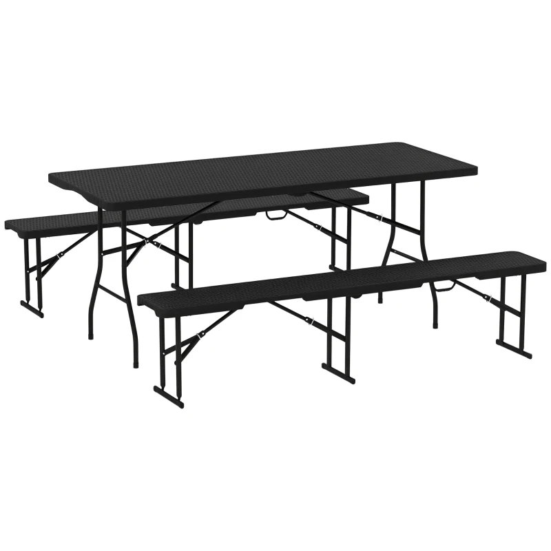 Outsunny Ensemble table pliante et bancs de pique-nique 180 cm avec poignées de transport, table et banc pliable effet rotin noir