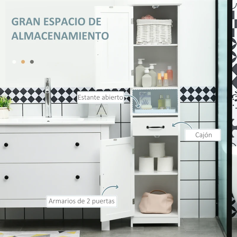 kleankin Columna de Baño con 2 Puertas 1 Cajón Estante Abierto y 2 Armarios con Estante Ajustable 40x30x164 cm Blanco