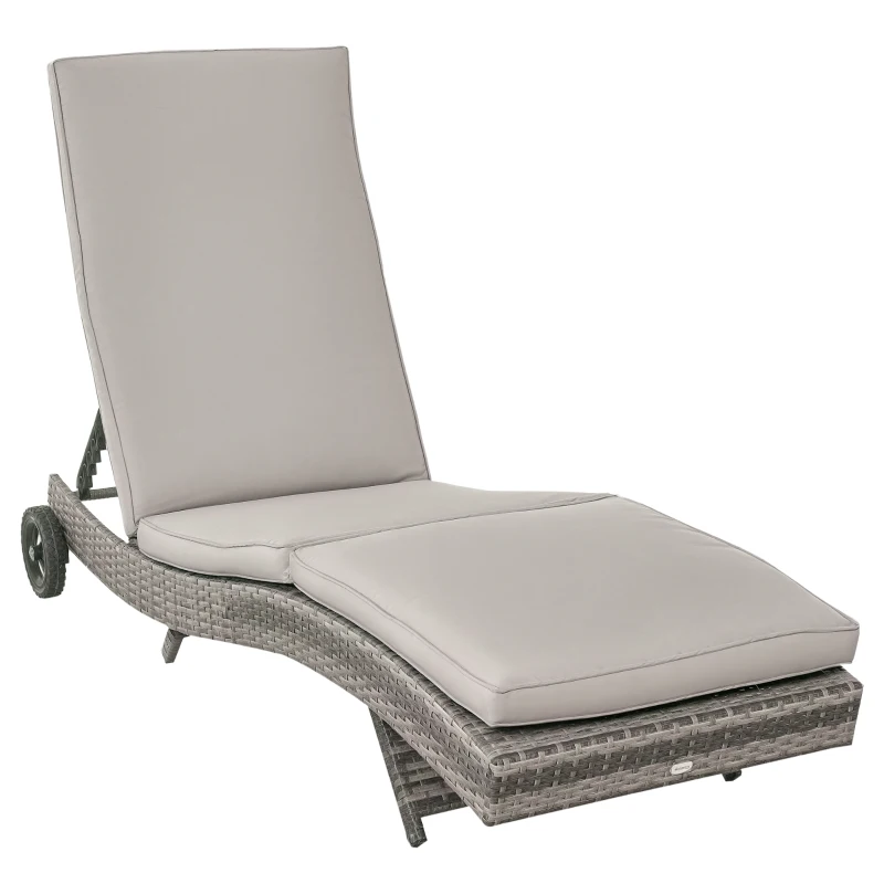Outsunny Patio Wicker Chaise Lounge Chair, Outdoor PE Rattan Sun Lounger with Adjustable Backrest and 2 Wheels, Grey