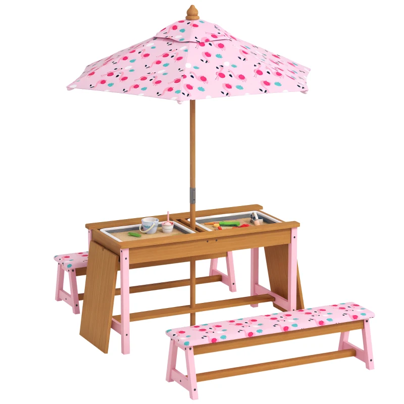 AIYAPLAY Kids Picnic Table Set with Removable & Foldable Umbrella, Cushions, Storage Boxes, Flamingo Theme, Pink