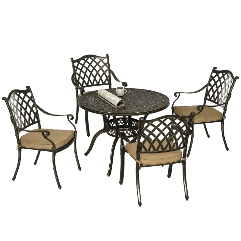 Outsunny 4 Seater Outdoor Dining Set Antique Cast Aluminium Garden Furniture Set with Cushions Round Dining Table with Parasol Hole, Bronze