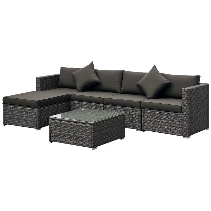Outsunny 6 Pieces Rattan Garden Furniture Set, 5 Seater Sectional Garden Corner Sofa Set with Glass Top Coffee Table, Cushions and Pillows, All-Weather Wicker Conversation Furniture, Grey