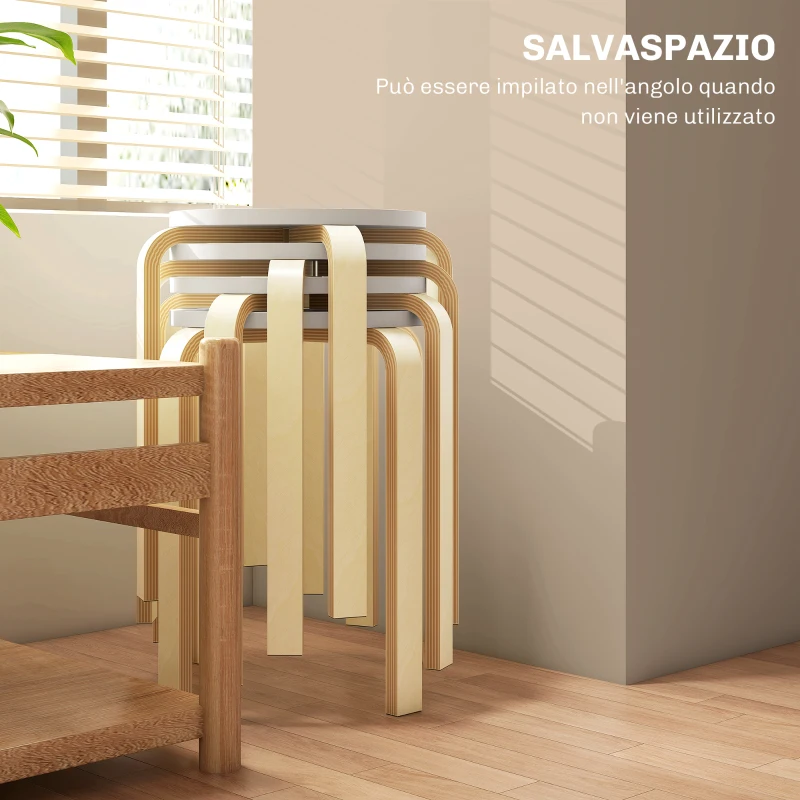 HOMCOM Set 4 Sgabelli Rotondi Impilabili in Legno Bianco, Ø40x45 cm