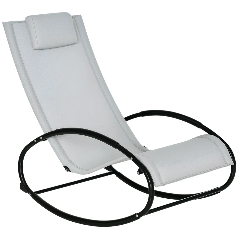 Outsunny Outdoor Rocking Chair Sun Lounger Recliner Rocker with Texteline Fabric Patio Garden Relaxer with Pillow Grey