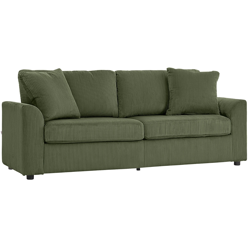 HOMCOM Sofá de 3 Plazas Tapizado en Pana con 2 Almohadas Reposabrazos y Cojín de Muelles 212x80x88 cm Verde
