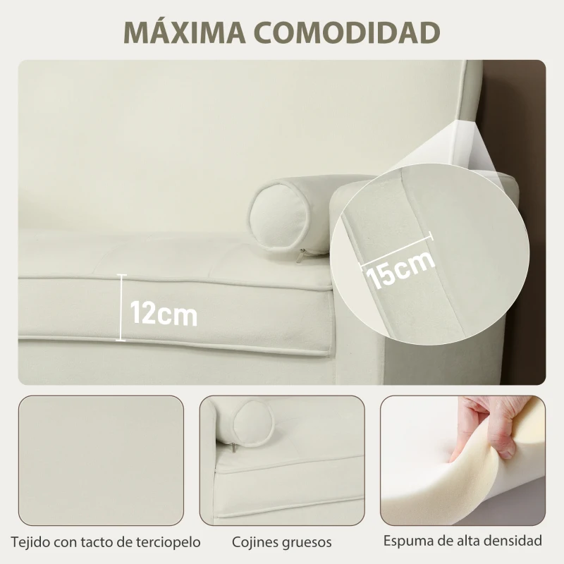 HOMCOM Sofá de 2 Plazas Tapizado en Terciopelo 130 cm con Asiento Capitoné y Patas de Madera para Espacios Pequeños Crema