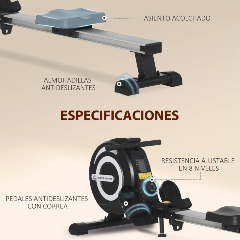 HOMCOM Máquina de Remo Plegable con Resistencia Ajustable Volante de 4kg y Monitor LCD Carga 120kg 185x58x57 cm Negro y Plata