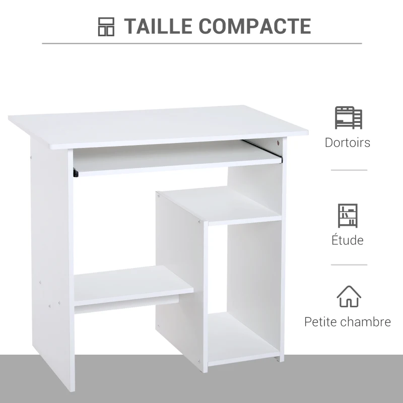 HOMCOM Bureau d'ordinateur, bureau avec rangement, plateau pour clavier et support de moniteur, 80 x 45 x 75 cm, blanc