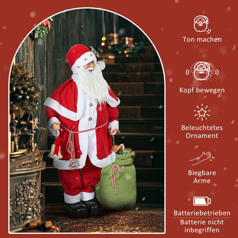 HOMCOM Weihnachtsmannfigur, beweglich, mit Geräuschsensor, Lachen & Musik, 140 cm, Rot(m-6)
