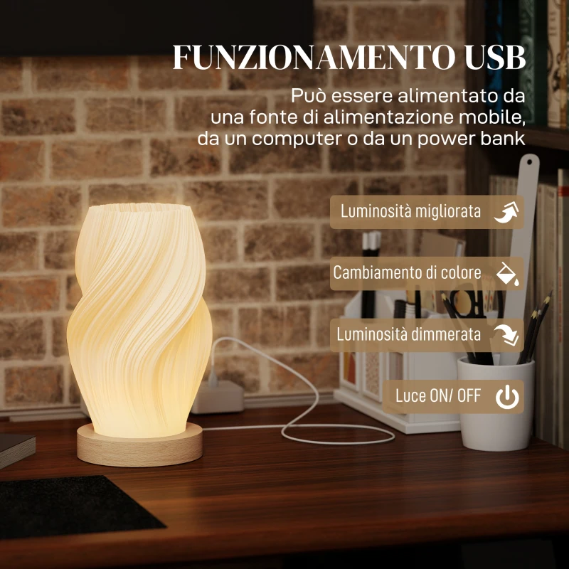 HOMCOM Lampada da Tavolo Ondulata a 3 Colori con presa USB, in ABS e Caucciù, Ø12x20 cm, Bianco e color Legno