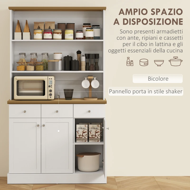 HOMCOM Dispensa Cucina con 3 Ripiani Aperti, 3 Cassetti e 2 Armadietti, in Legno, 101x39x180.5 cm, Bianco e color Legno