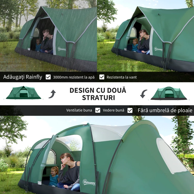Outsunny Cort de Camping pentru 4 Persoane Impermeabil cu Protecție UV, Ferestre și Stâlpi, 4.55x2.3x1.8 m, Verde