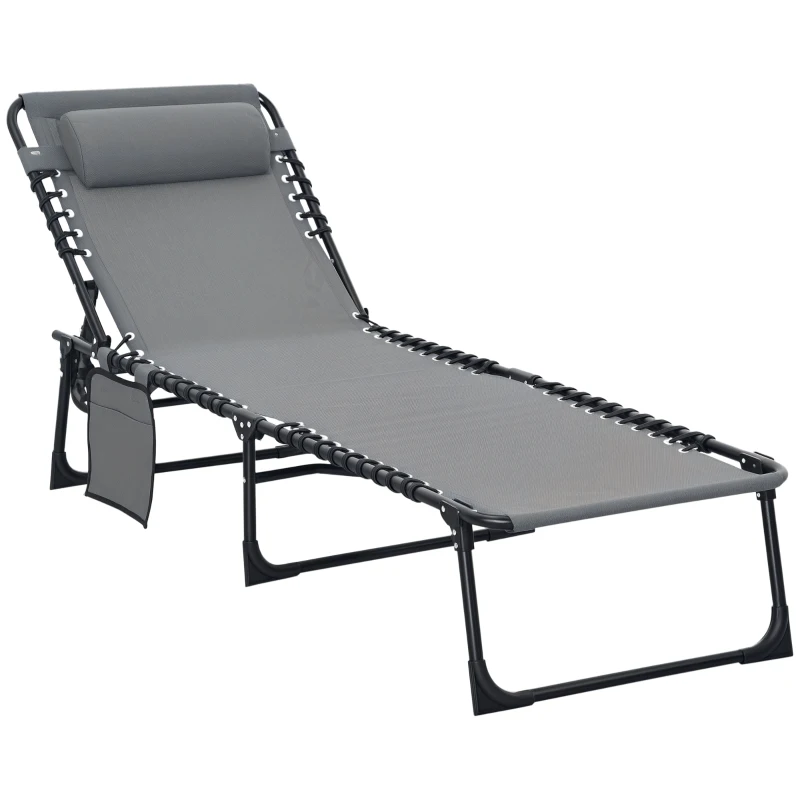 Outsunny Portable Sun Lounger, Folding Camping Bed Cot, Reclining Lounge Chair 5-position Adjustable Backrest with Side Pocket, Pillow for Patio Garden Beach Pool, Grey