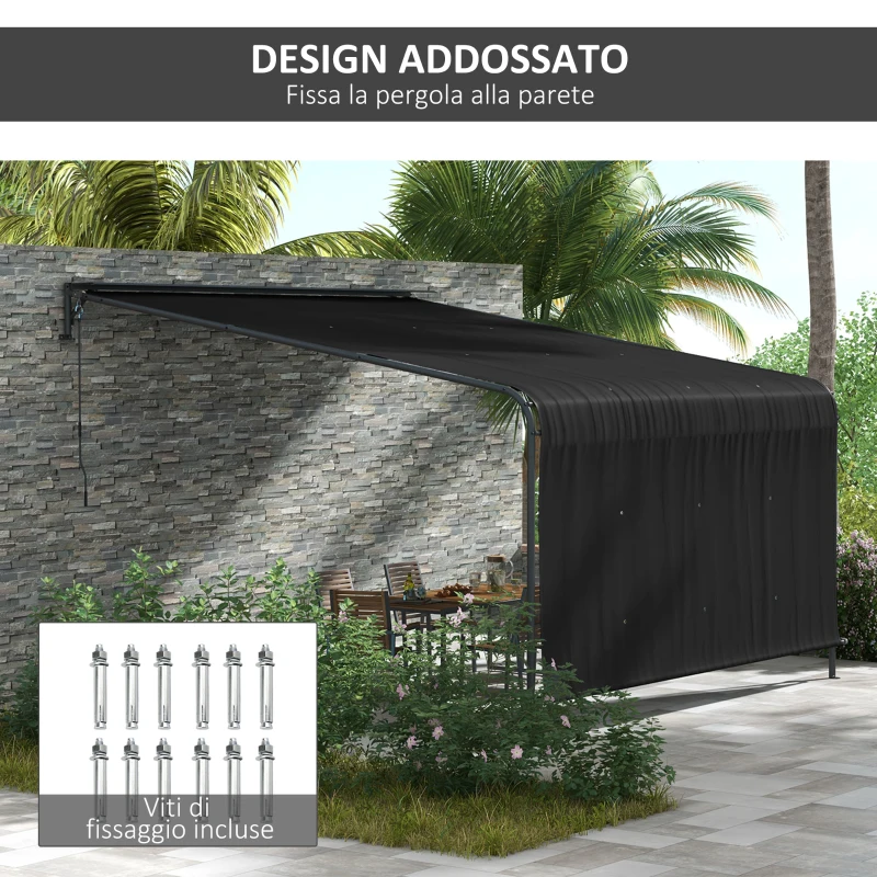 Outsunny Pergola Addossata 3x4 m con Tettoia Retrattile e Manovella, in Acciaio e Poliestere, Grigio Scuro