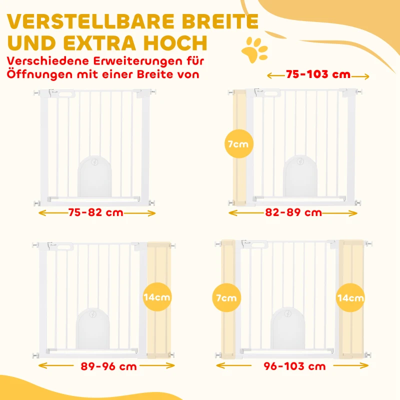 PawHut Absperrgitter für Haustiere, verstellbar, mit kleiner Tür, Stahl, Kunststoff, Weiß(m-7)