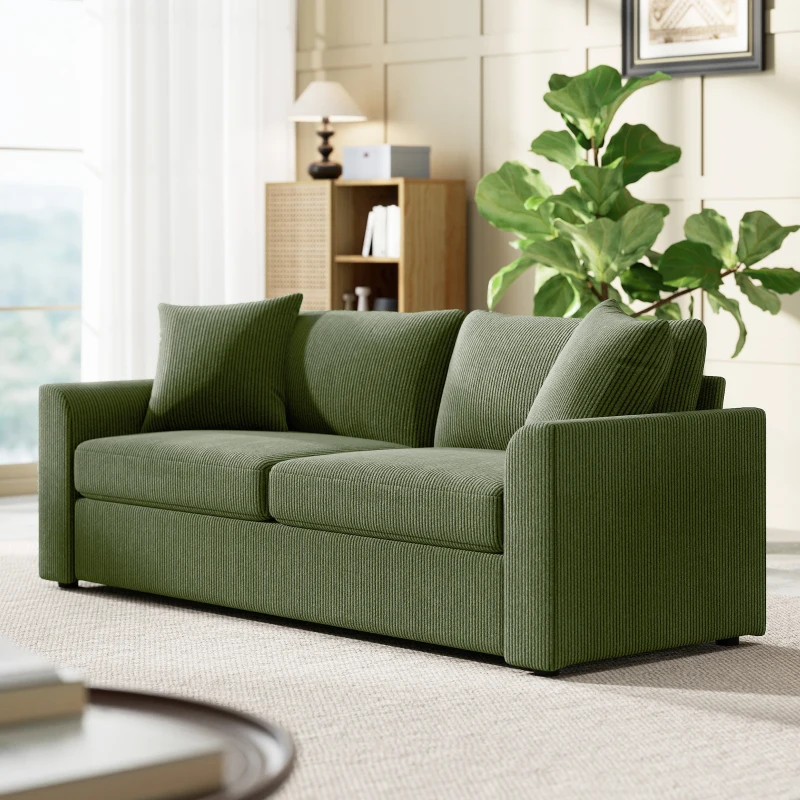 HOMCOM Sofá de 3 Plazas Tapizado en Pana con 2 Almohadas Reposabrazos y Cojín de Muelles 212x80x88 cm Verde