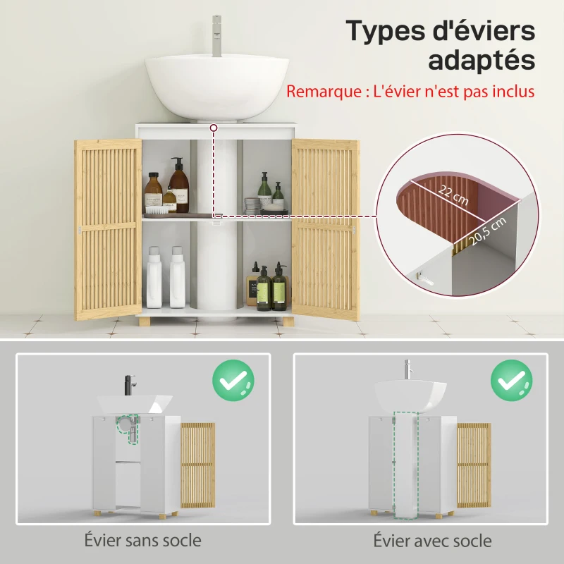 HOMCOM Meuble sous lavabo salle de bain - placard à portes à lattes en bambou, 60 x 30 x 75 cm, effet bois naturel