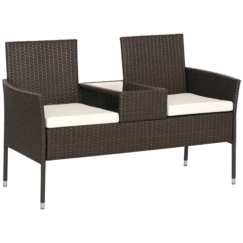 Outsunny Two-Seat Rattan Chair, with Middle Table - Brown