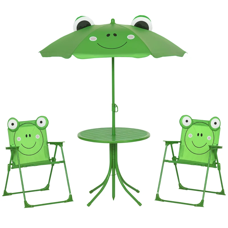 Outsunny Kids Folding Picnic Table Chair Set w/ Parasol, Green