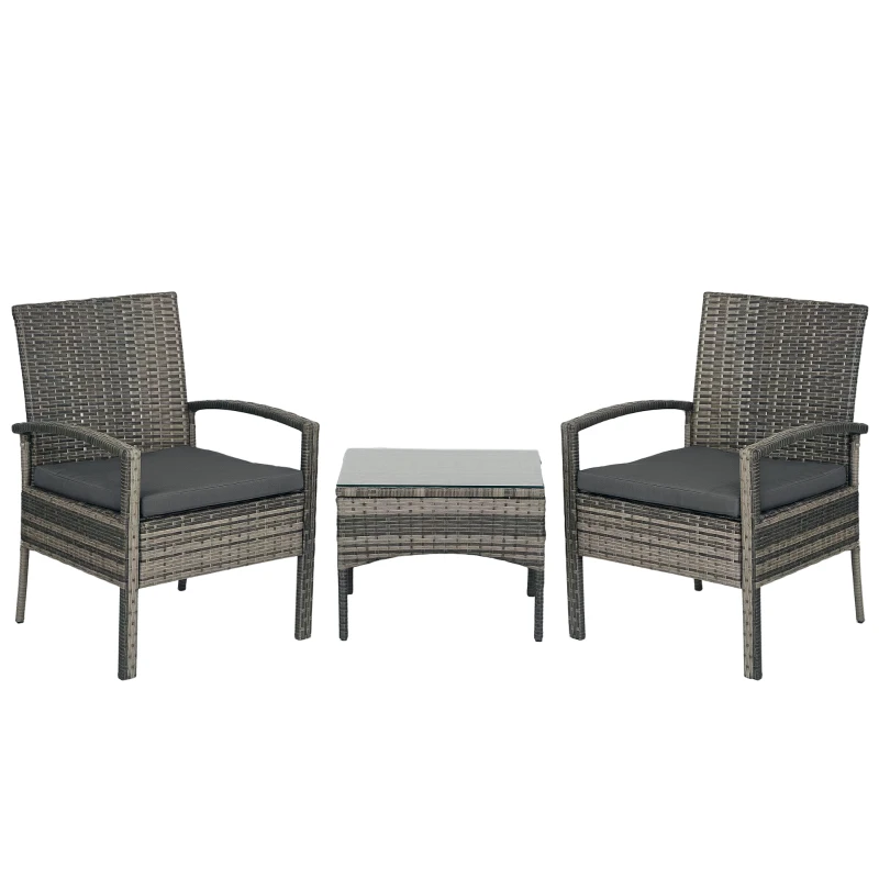 Outsunny 3 Pieces Rattan Bistro Set, Wicker Garden Furniture Set with Glass Top Coffee Table and Chairs, Washable Cushions for Outdoor, Patio, Balcony, Mixed Grey