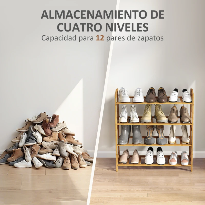 HOMCOM Estantería para Zapatos de Bambú para 12 Pares de Zapatos para Entrada Pasillo Dormitorio 67,5x24,7x72 cm Natural