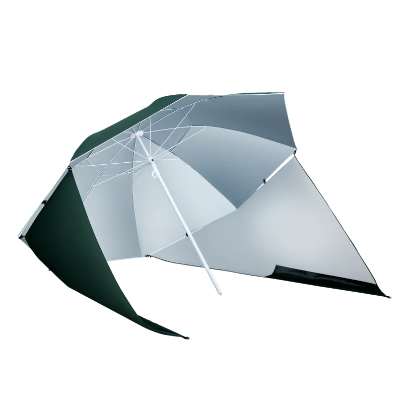 Outsunny Parasol para Playa 2 en 1 con 2 Paneles Laterales Toldo Portátil Anti-UV con Bolsa de Transporte Ø210x222cm Verde