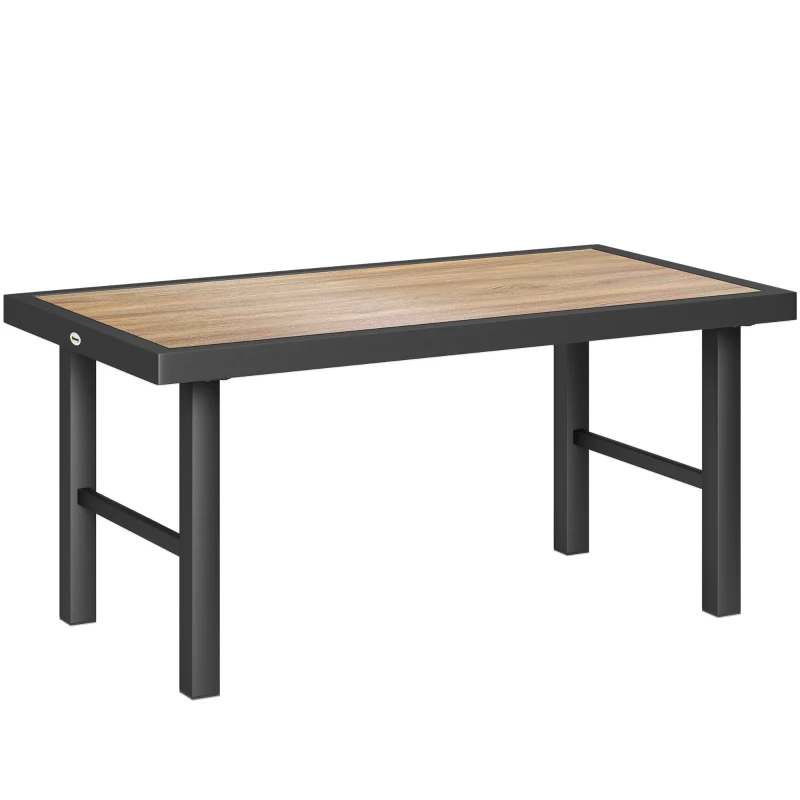Outsunny Metal Garden Coffee Table, Outdoor Side Table with SPC Woodgrain Tabletop for Outside, Garden, Balcony, Porch, 100 x 53 x 46cm, Brown Wood Effect