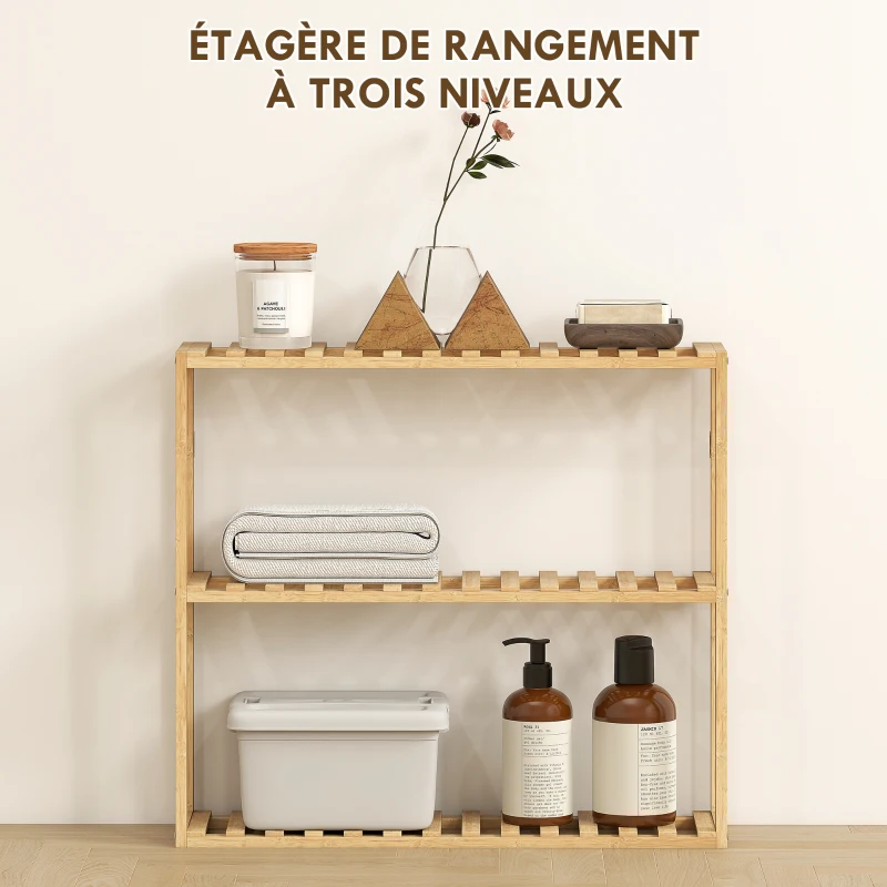 HOMCOM Étagère de rangement en bambou réglable, étagère de salle de bain à 3 niveaux, 60 x 15 x 54 cm, effet bois naturel