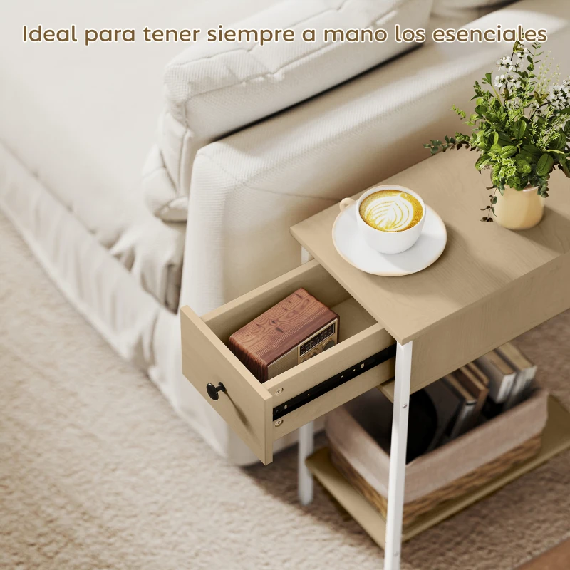 HOMCOM Mesa Auxiliar Estrecha con Cajón Estante Abierto y Estructura Metálica para Salón Dormitorio 25x39,8x58,2 cm Natural