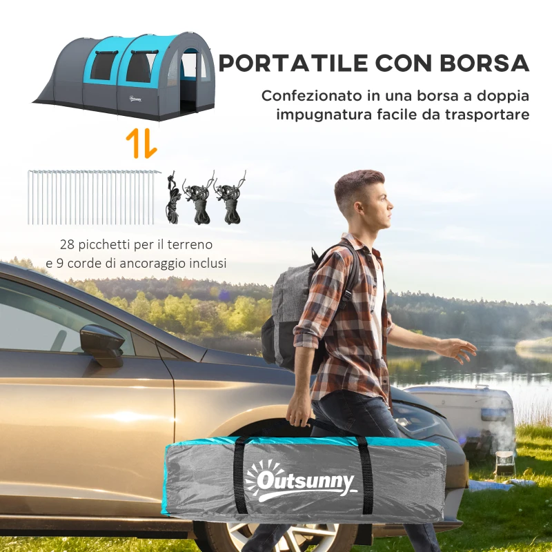 Outsunny Tenda da Campeggio 3 Posti Impermeabile con Zona Notte e Giorno, in Poliestere, 480x260x200 cm, Grigio e Blu