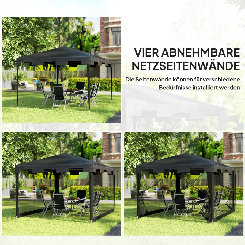Outsunny Pavillon Gartenzelt 3 x3 m Pavillon, wetterbeständig, faltbar, 395cm x 295cm x 255 cm, Schwarz