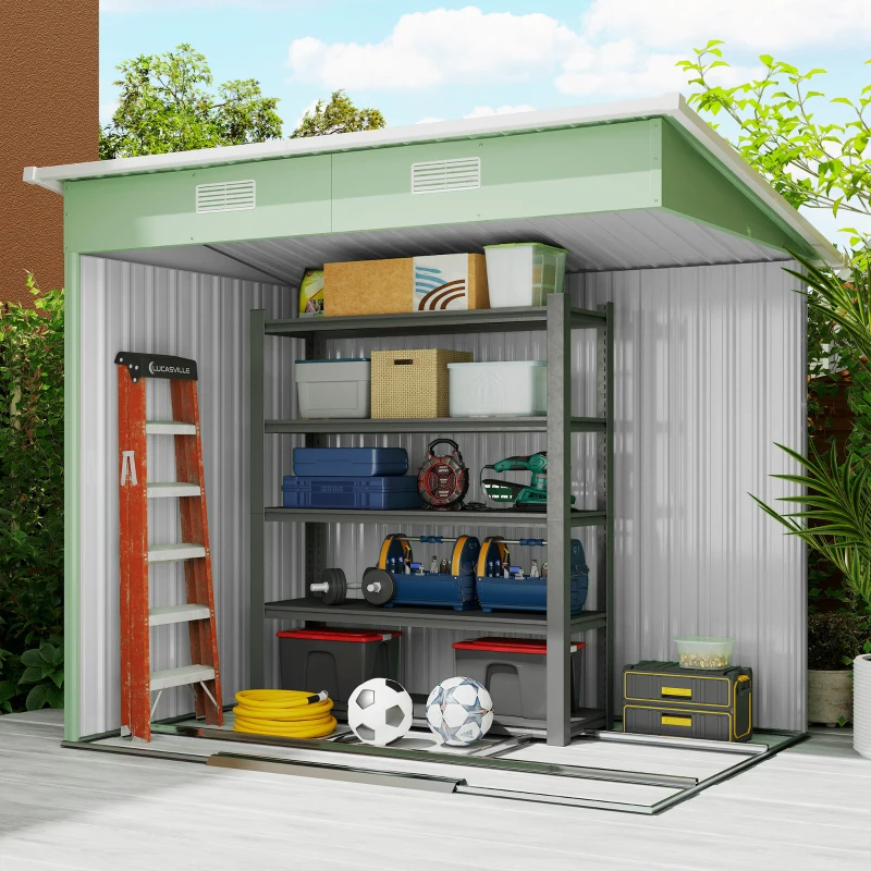 Outsunny Gerätehaus Metall 2,3 m² 207 x 130 x 182 cm Geräteschuppen mit Pultdach Fenster Bodenrahmen Grün(m-8)