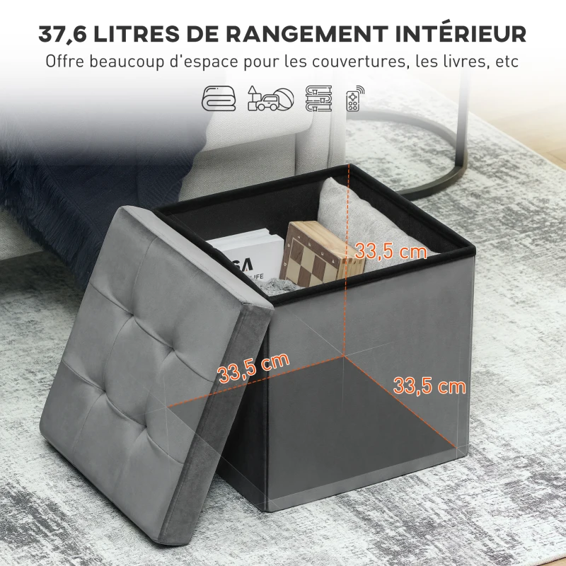 HOMCOM Pouf coffre rangement pliable, tabouret carré 37,6 L en tissu velours, charge 120 Kg, 38 x 38 x 38 cm, gris