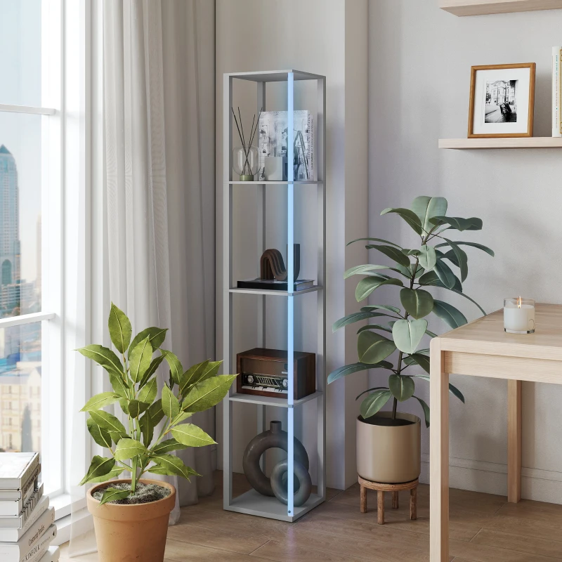 HOMCOM RGB LED Floor Lamp with Shelves, Modern Dimmable Standing Lamp with Remote Control, Adjustable Brightness & Speed for Living Room, Bedroom, Office, Grey