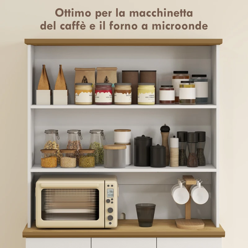 HOMCOM Dispensa Cucina con 3 Ripiani Aperti, 3 Cassetti e 2 Armadietti, in Legno, 101x39x180.5 cm, Bianco e color Legno