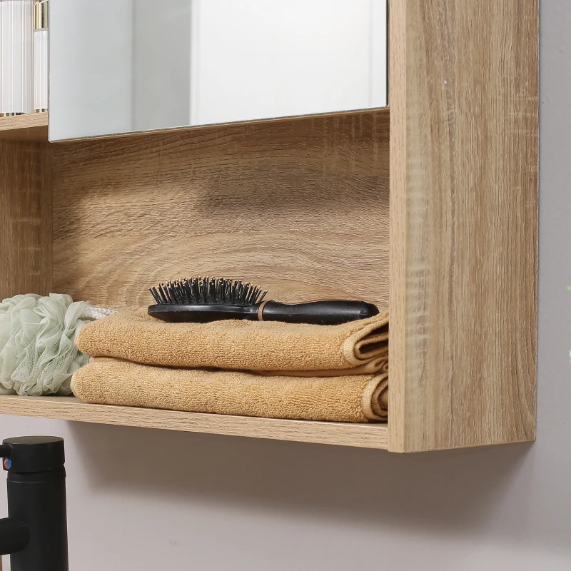 HOMCOM Armoire Murale avec miroir pour salle de bain Meuble de Rangement suspendu Couleur Bois de chêne dim. 60L x 15l x H76 cm