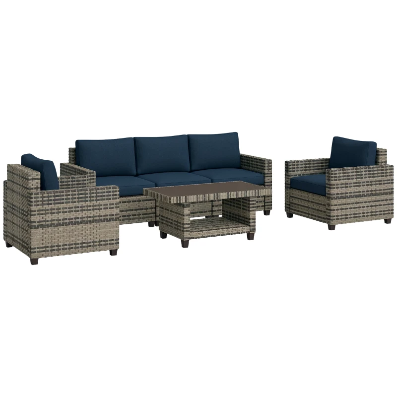 Outsunny Six-Piece Modular Rattan Sofa Set - Navy Blue