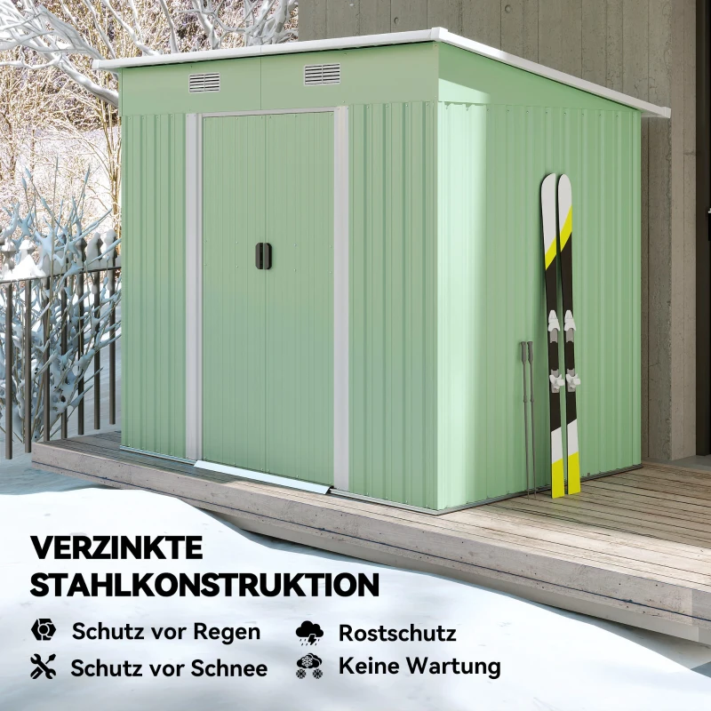 Outsunny Gerätehaus Metall 2,3 m² 207 x 130 x 182 cm Geräteschuppen mit Pultdach Fenster Bodenrahmen Grün(m-4)