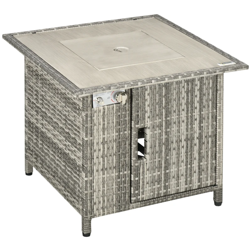 Outsunny Outdoor PE Rattan Gas Fire Pit Table, Patio Square Propane Heater with Rain Cover, Glass Windscreen, and Lava Stone, 50,000 BTU, Grey